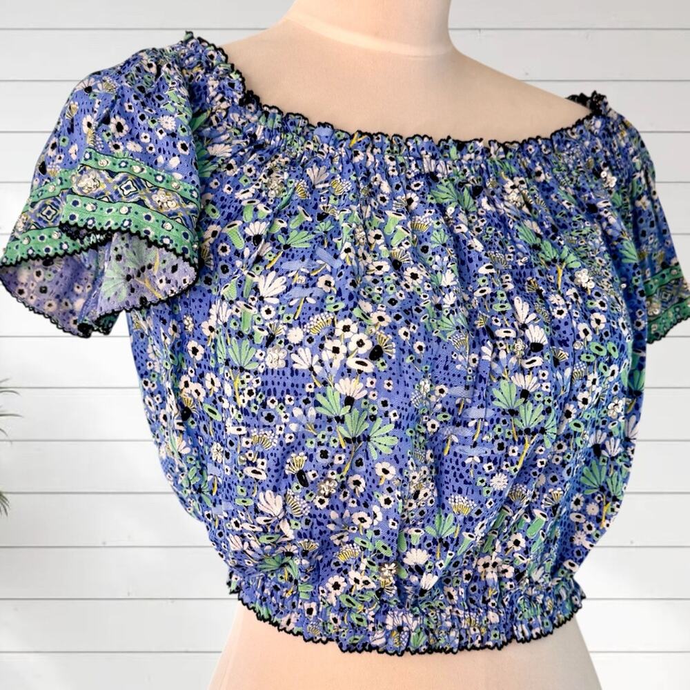 NWT Poupette St. Barth Camila Blouse Sequin Blue Malva Floral Boho Summer S / M